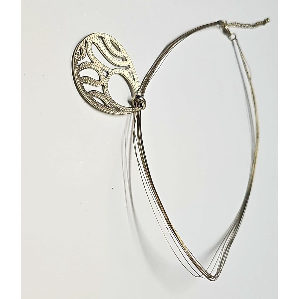 Silver Tone Metal Wire Choker Necklace with Oval Cutout Charm Pendant